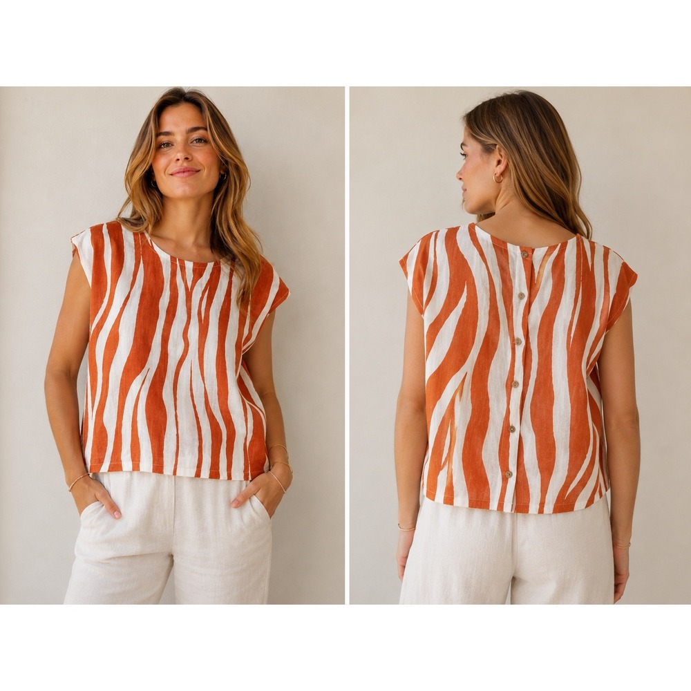 Rachel Zoe 100% Linen Orange and Cream Abstract Zebra Stripe Button Back Top L